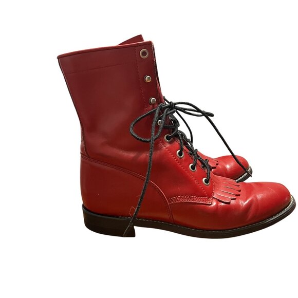 Justin Red Leather Fringe Lace Up Boots Size 7.5 - Picture 2 of 9